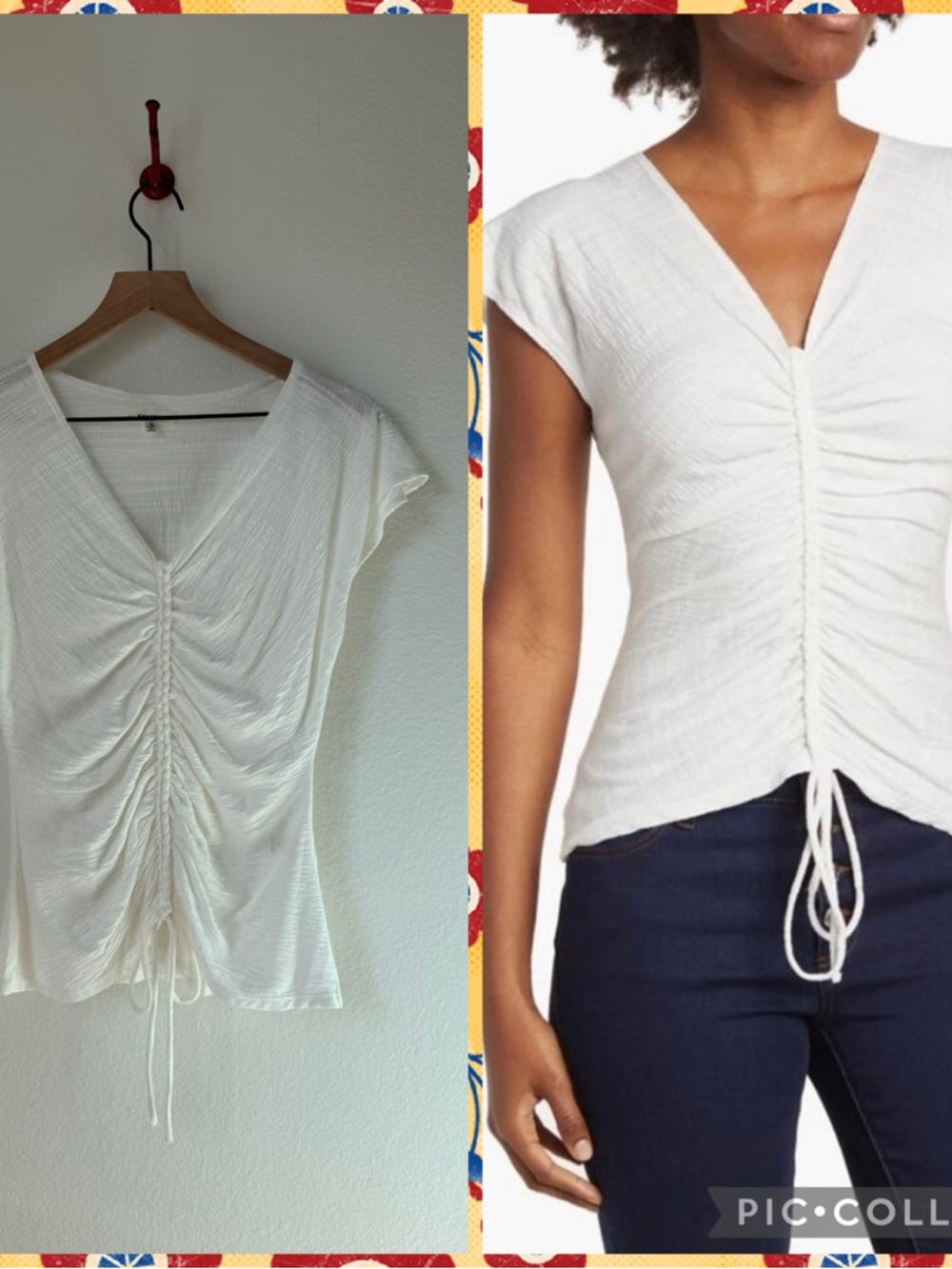 Max Studio White Ruched V-Neck Tie-Front Top, size medium